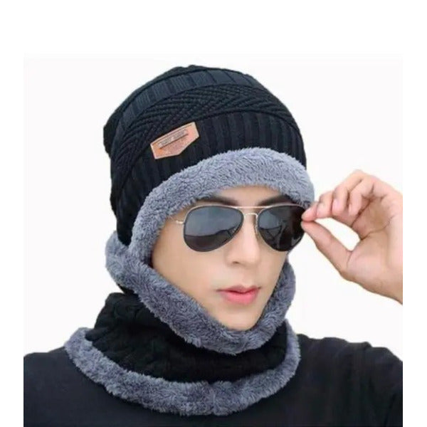 Winter Woolen Beanie Cap & Neck Warmer Combo – Stylish Head & Neck Protection for Men & Women (Random Color) – Free Delivery!