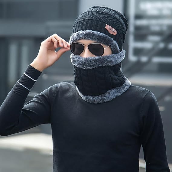 Winter Woolen Beanie Cap & Neck Warmer Combo – Stylish Head & Neck Protection for Men & Women (Random Color) – Free Delivery!